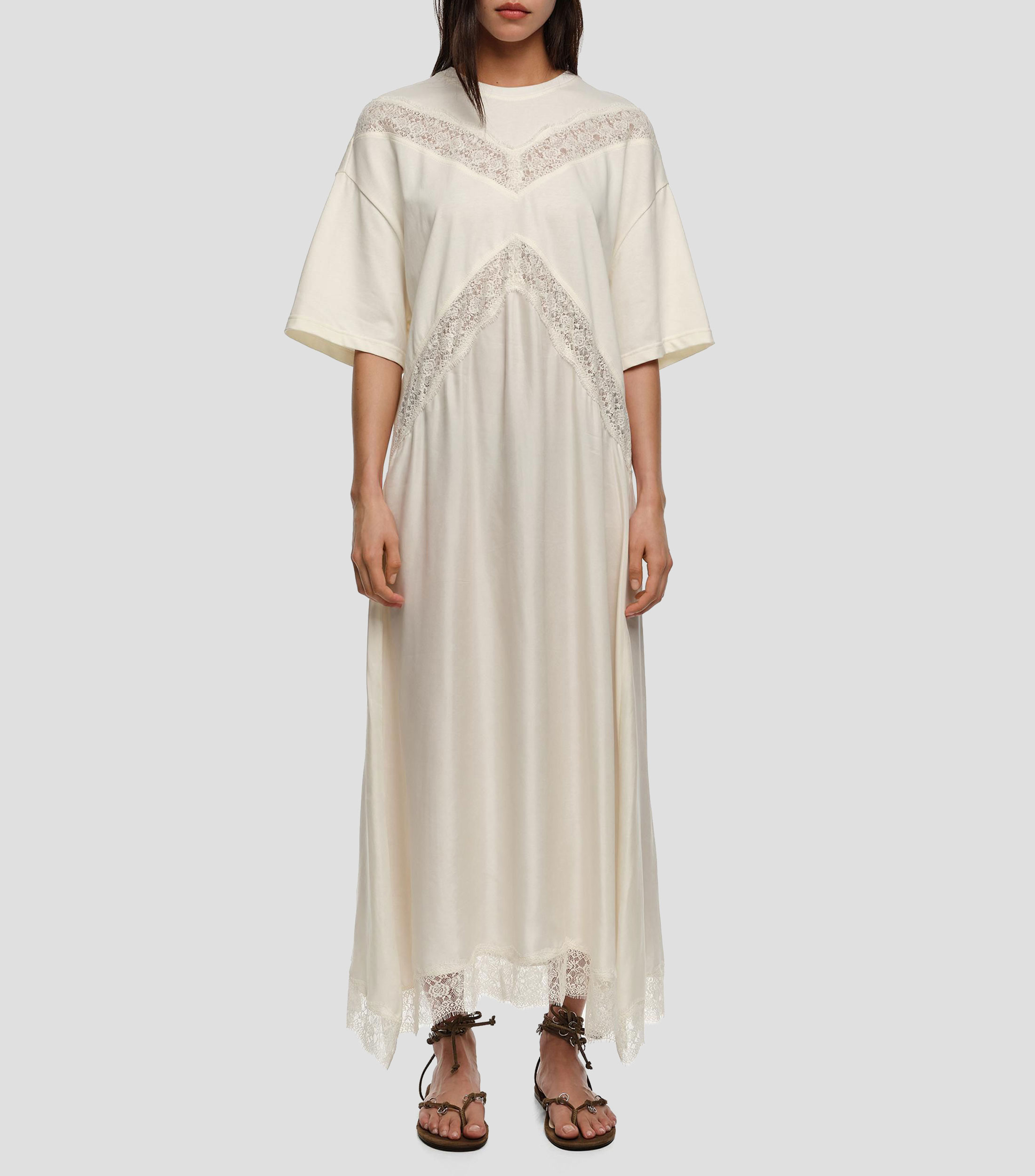 Vestido bimaterial encajes marfil Mujer